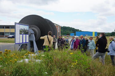 Exkursionsteilnehmer vor der 500 MW Turbine auf einer blühenden Wiese