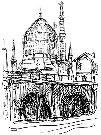 Ein Stück altes Dresden – Blick von der Könneritzstraße zur Yenidze – ehemalige Zigarettenfabrik, Zeichnung, Werner Haselhuhn