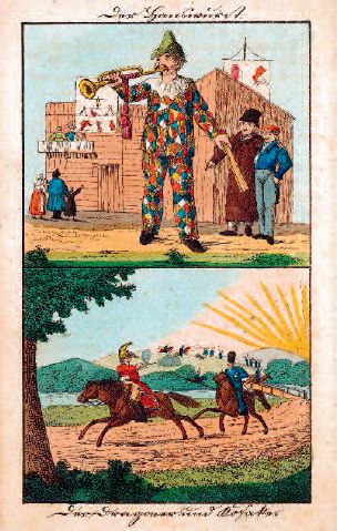 Bildtitel: «Denkübungen nebst Ansicht von sechzehn Bildern […]», Bildseite mit Abbildung Der Hanswurst und Der Dragoner